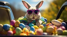 Cute Easter Bunny With Sunglasses Looking Out Of A Car Filed With Easter Eggs,