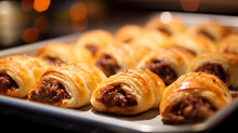 Flaky Sausage Rolls Straight Out Of The Oven, Christmas Party, Blurred Background, With Copy Space