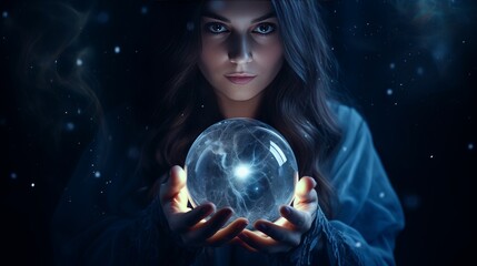 Woman holding a crystal ball, mysterious background