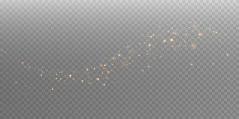 The dust sparks and golden stars shine with special light. Vector sparkles on a transparent background. Christmas light effect. Sparkling magical dust particles.