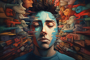 Schizophrenia, psychological problem, mental disorder art concept. Illustration of a man with closed eyes surrounded by faces, voices in his head