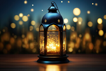 ramadan kareem greeting. mosque light lantern with moon