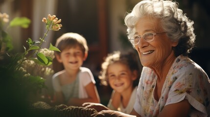 Happy old grandmother spends free time with family with grandchildren in the garden.