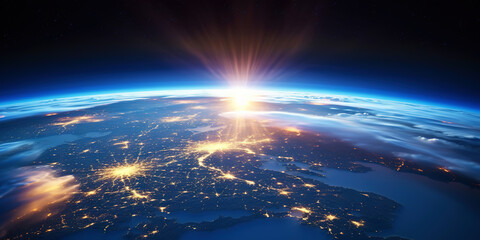 Panoramic view on planet Earth globe from space with rising sun. Glowing city lights, light clouds. Generative AI