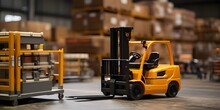 A Forklift Is Traversing The Warehouse Floor, A Yellow Bulldozer In A Warehouse With Stacks Of Boxes.