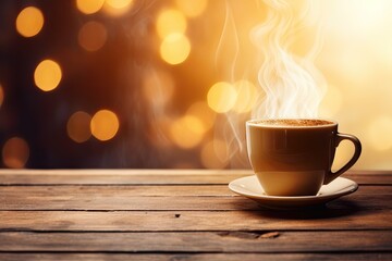 Poster - Morning delight. Close up espresso aroma in vintage wooden table background. Rustic charm. Aromatic cappuccino on wood desk coffee break delight