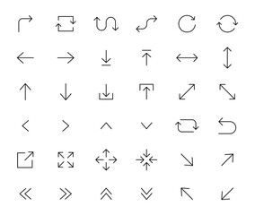 Arrows icons set. Line arrows. Vector arrows of various shapes and directions. Arrow for interface website and app. Editable stroke.