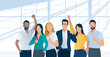 Success. A group of six colleagues celebrate achieving the goal. Vector flat style illustration. 