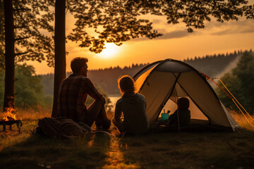 Sticker - A family sits in front of a tent at sunset