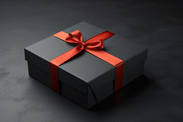 Wall Mural - black gift box with red ribbon on a grey background