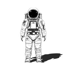 An astronaut standing upright in a spacesuit with a shadow. Sketch style in black lines on a white background.