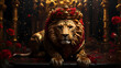 The lion in the night. Portrait of a lion, wearing crown, with golden patterns and roses on a dark background.