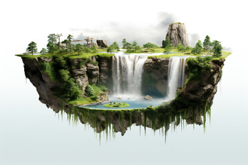 A floating island with grass, trees and a waterfall on it. Clean nature and environment concept.