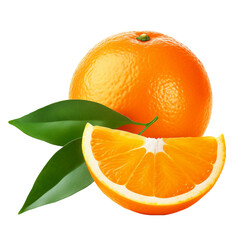 Wall Mural - Fresh orange fruit with one slice isolated on a transparent background, sweet orange fruit with cut in half and green leaves isolated. Generative AI