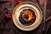 Cottage Cheese Pancakes With Berries In A Plate On A Dark Background, Roasted Goose Liver With Date And Apple, Fruit And Berry Sauce Painting And Cutlery Top View, AI Generated