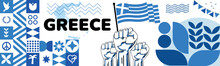 GREECE National Day Banner With Map, Flag Colors Theme Background And Geometric Abstract Retro Modern Colorfull Design With Raised Hands Or Fists.