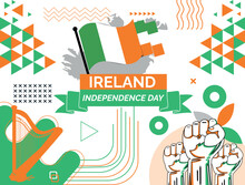 Ireland National Day Banner Design. Ireland Flag And Map Theme With Background. Template Vector Ireland Flag Modern Design. Abstract Geometric Retro Shapes Of Green And Blue Color. Ireland Scandinavia