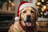 Fototapeta Zwierzęta - surprised dog Labrador in santa hat. サンタの帽子で驚いた犬のラブラドール