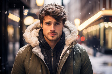 Handsome man walking on a snowy street wearing a green parka with a fur-lined hood, bokeh, winter, snow, portrait