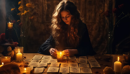 Wall Mural - Woman tarot reader with cards in mystical evening