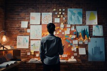 An Asian businessman strategizes on a brick backdrop, sketching a startup plan