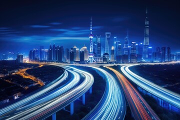 Shanghai Lujiazui Finance and Trade Zone of the modern city night background, Shanghai city skyline and expressway at night,China, AI Generated