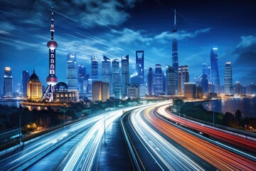 Shanghai Lujiazui Finance and Trade Zone of the modern city night background, Shanghai city skyline and expressway at night,China, AI Generated