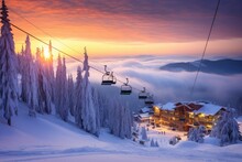 Sunrise In The Winter Mountains. Ski Resort In Carpathians, Ukraine, Ski Resort In Winter, AI Generated