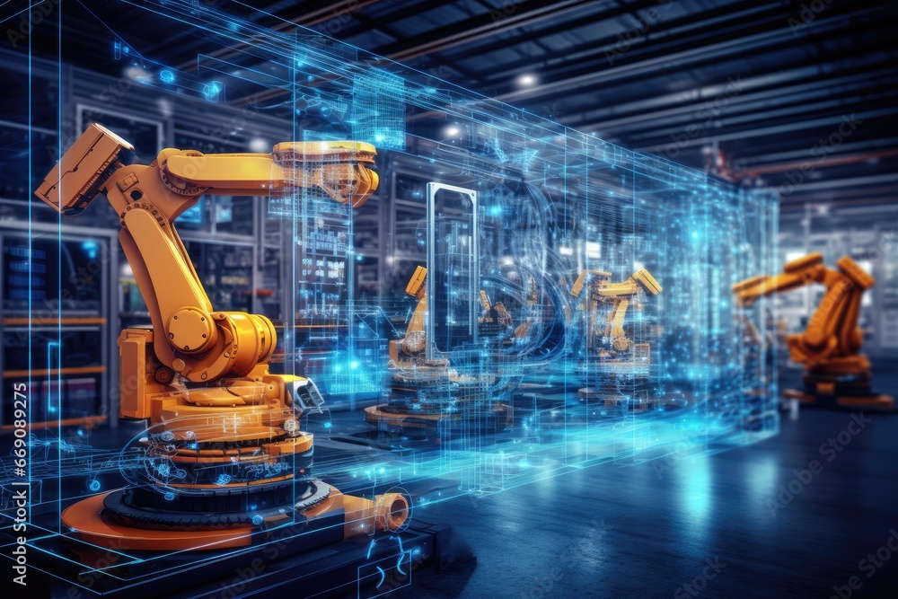 Image showcasing Smart industry robot arm system for digital factory production. 3D ...