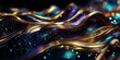 Glitter Golden Emelald Violet Wave Stripes Design. Shiny gold moving lines design element on dark background	