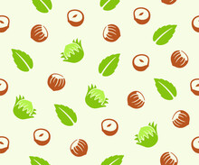 Hazelnut, Cobnut, Filbert, Nut, Leaves And Plant, Seamless Vector Background, Pattern. Nutty, Food, Meal, Nature, Fruit, Kernel, Eating And Eat, Vector Design And Illustration