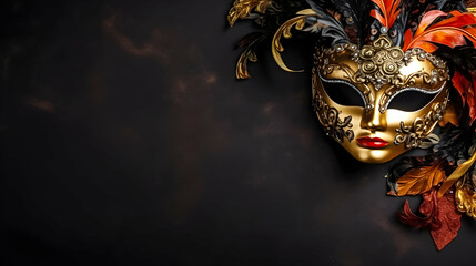 A whimsical carnival mask, painted in vivid colors and adorned with intricate patterns and sparkling jewels. Copy space. 
