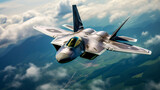 Fototapeta  - F-22 Raptor supersonic aircraft flying in the sky above the clouds. Generative AI