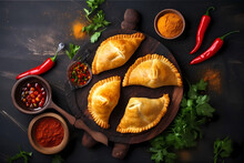 Colombian Empanadas With Hot Chili And Spices On A Black Background