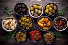 Close-up Of Marinated Olives With Herbs And Spices In A Wooden Table