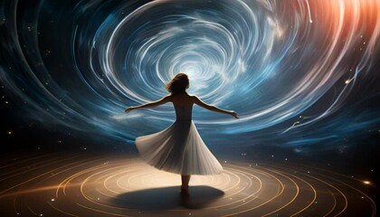 Wall Mural - woman in white dress dancing in front of a galaxy vortex. abstract background and wallpaper.
