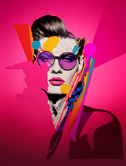 Wall Mural - Pop collage Illustration of a handsome male fashion model with sunglasses over scolorful and vibrant patterns and shapes, Fashion, pop art,