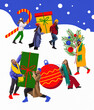 Group of young people preparing for holidays, carrying gifts and decorations. Contemporary artwork. Concept of winter holidays, Christmas and New Year, vacation. Creative design. Poster, postcard. Ad