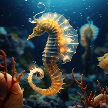 Image Of Seahorses In Under Sea And Beautiful Corals. Undersea Animals.