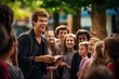 Engaging young man with a beaming smile performing street magic for a crowd.