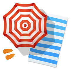 Sticker - Beach umbrella and towel top view. Summer travel