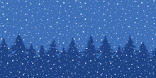 Minimalistic Winter Landscape, Cartoon Nature, Forest And Falling Snow, Vector Illustration