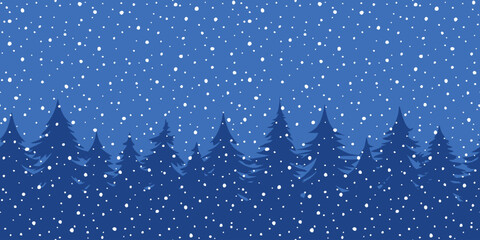 Minimalistic winter landscape, cartoon nature, forest and falling snow, vector illustration