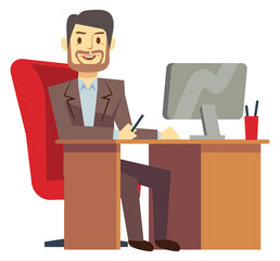 Sticker - Man in suit working at desk. Office manager character