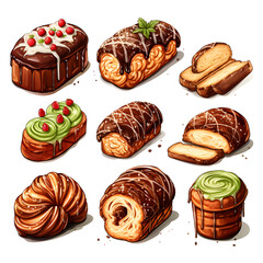 Chocolate Babka, bread icons. Bakery pastry products. Sweet desserts, watercolor illustration