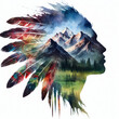 Native american silhouette, head morphing into mountains. ai generative