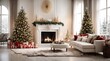 interior of stylish white living room with lovely fireplace, Christmas tree, and holiday décor