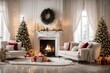 interior of stylish white living room with lovely fireplace, Christmas tree, and holiday décor
