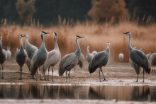 A Group Of Cranes On The Edge Of The Lake