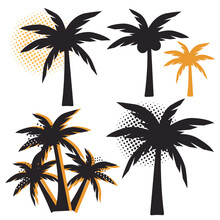 Black, Yellow Retro Palm Trees Isolated On White Background. Silhouettes Of Palm Trees. Retro Palm Tree With Coconut Design For Posters, Banners And Promotional Materials. Vector Icon Illustration
